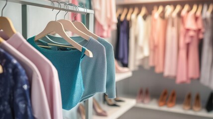 Modern dressing room interior with rack of stylish shoes and women's clothes