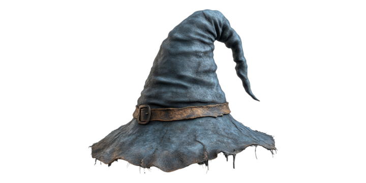 Worn wizard hat with leather strap isolated on transparent background