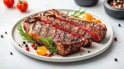  T-bone steak showing juicy texture and detailed grill marks.