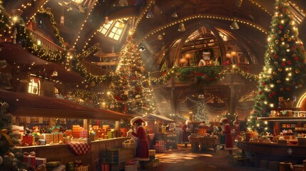 Santa's workshop bustling with activity, elves carefully assembling toys and wrapping gifts under warm, golden lights, with colorful decorations throughout the room