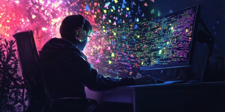 A coder in silhouette surrounded by holographic coding streams and glowing polygonal patterns.