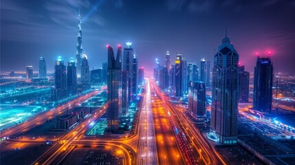 Fototapeta premium Night cityscape, illuminated skyscrapers, city highway, modern architecture, vibrant lights.