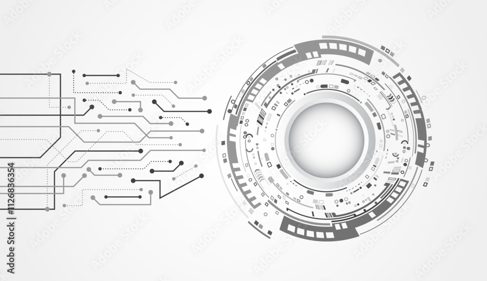 Fototapete Internet communications, big data, digital technologies. High-tech banner. Technological geometric background consisting of circles in and printed circuit board on gray background.
