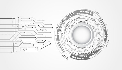 Internet communications, big data, digital technologies. High-tech banner. Technological geometric background consisting of circles in and printed circuit board on gray background.