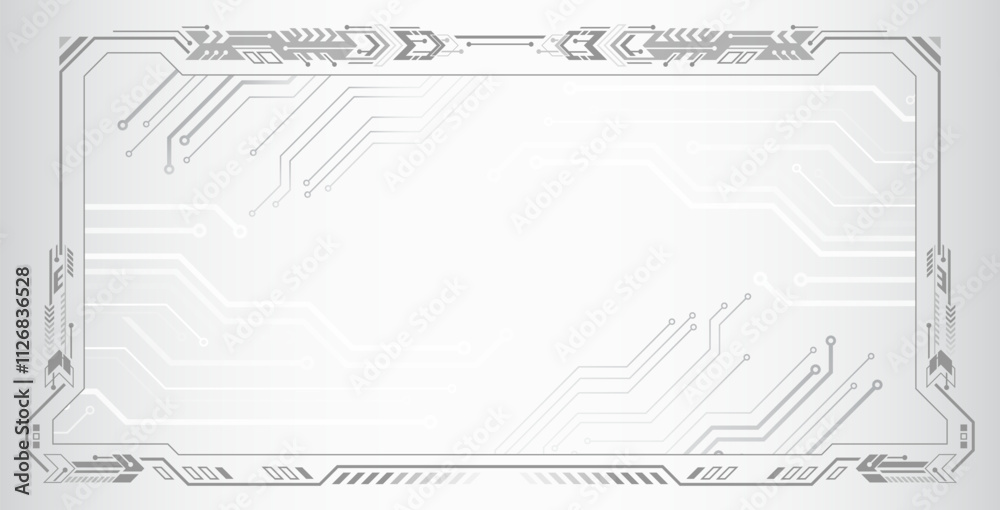 Poster Abstract technology communication, vector illustration. Futuristic design for presentation. Hi-tech computer digital technology concept. Wide grey background with various technological elements.