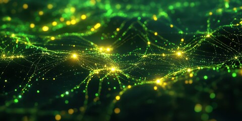 Obraz premium A glowing holographic representation of blockchain transactions with neon green and yellow highlights.