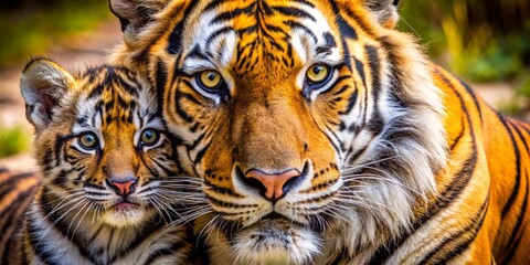Fototapeta premium Majestic Tiger Family Portrait: Close-Up Macro Photography of Wild Bengal Tiger and Cubs