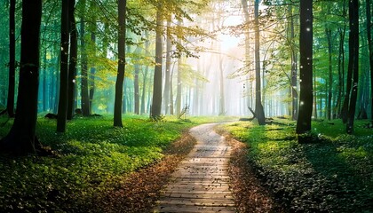 Fototapeta premium A magical forest with a winding path lit by glowing fireflies.