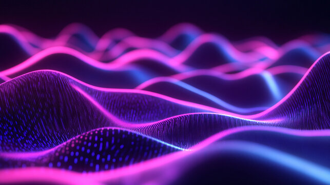 Abstract neon sound waves forming a 3D audio landscape, symbolizing spatial sound and immersive environments. 