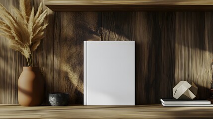 Fototapeta premium Blank mockup template of a book cover resting on a wooden shelf, surrounded by geometric design elements and modern accessories.