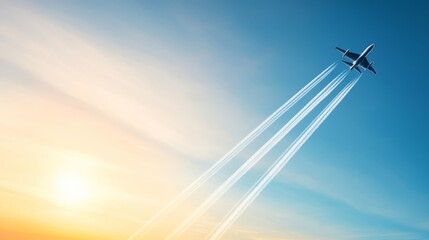 Airplane Flying in Clear Sky Leaving Contrails at Sunset, Beautiful Warm Colors Creating a Stunning Aerial Scene in the Expansive Blue Atmosphere