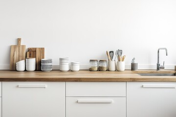 Fototapeta premium modern scandinavian kitchen with white cabinets and wooden countertops