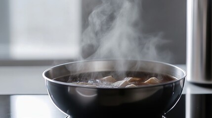 Sundubu-jjigae showing steaming broth and tofu, minimalist setup.