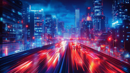 Fototapeta premium Futuristic Cityscape at Night with Blurry Motion. Concept of Speed, Technology, and Urban Life.