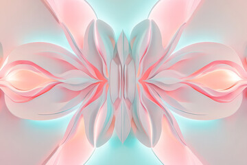 Obraz premium Abstract colorful wall art of intricate, glowing fractals in pink, cyan, and white, arranged in a symmetrical design.