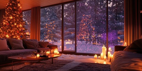 A festive living room with candles, a glowing Christmas tree, and orange and purple holographic patterns visible through snowy windows.