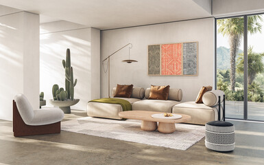 Contemporary interior design of the living room in soft neutral tones. Interior mockup, 3d render