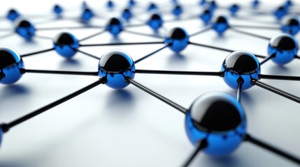 A close-up view of interconnected blue and black spheres representing a molecular structure.