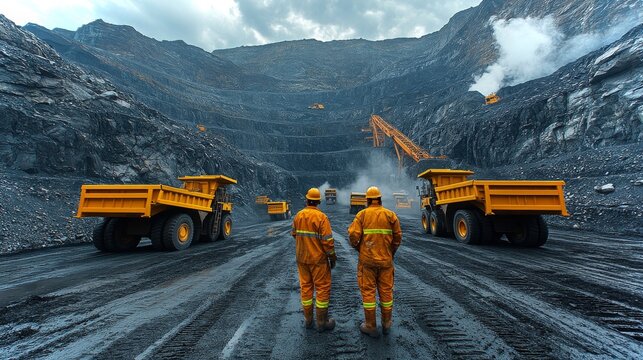 Open-pit coal mining operation with heavy machinery and workers at a vast excavation site