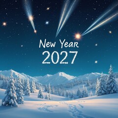New Year: Snowy landscapes with celestial comets in a joyful Setting
