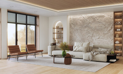 Arched bookshelf and Rock Wall in modern living room interior. Natural indoor stone wall, 3d rendering	
