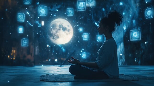 A young woman in a yoga pose under a glowing moon, meditating with holographic screens floating around her on a starry night background. The concept emphasizes digital mindfulness in a cosmic, tranqui
