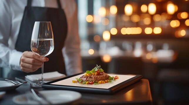 Upscale Restaurant Menu Displayed on Digital Tablet with Warm Ambient Lighting and Modern Decor