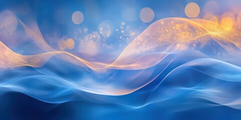 Fototapeta premium Sparkling blue waves merging seamlessly into dynamic golden bokeh patterns and faint pastel hues.