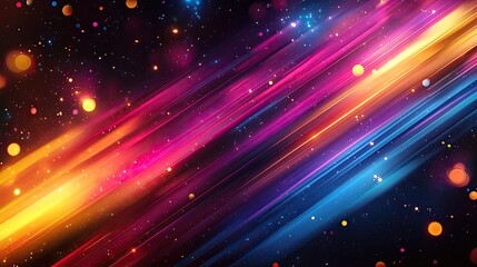 Bright diagonal lines and overlapping shapes in pink, yellow, blue, and purple deliver an energetic and futuristic feel against a cosmic backdrop