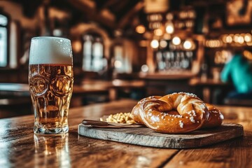Delicious German Pretzel with Mustard on Wooden Board