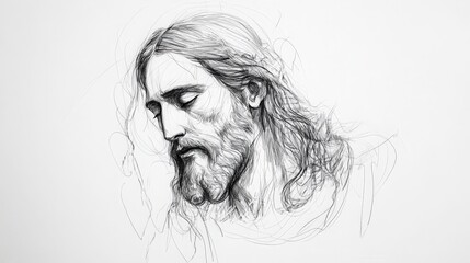 Fototapeta premium Minimalist sketch of Jesus Christ with a serene expression, drawn with fine lines on a clean white canvas, leaving plenty of empty space around the figure