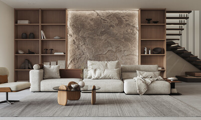 A stylish living room interior featuring modern designer furniture and elegant accessories. Natural indoor stone wall, rendered in 3D