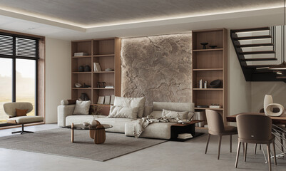 A stylish living room interior featuring modern designer furniture and elegant accessories. Natural indoor stone wall, rendered in 3D