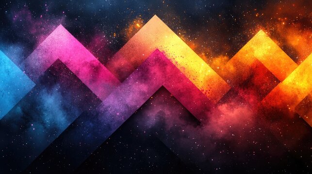 Vibrant zigzag patterns in pink, yellow, blue, and purple intersect against a dark, starry backdrop, exuding a futuristic and energetic vibe