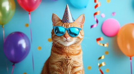 Fototapeta premium Orange tabby cat in a party hat and rainbow-colored sunglasses surrounded by colorful party poppers and cake slices on a blue background. Focus on a more delicious celebration atmosphere