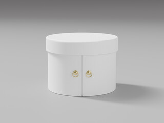 luxury round cabinet box mockup, premium swing-open cylindrical shape packaging with metallic ring doorknob, empty design of cylinder cardboard box container mockup, short tube paper gift box storage