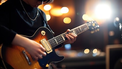 Obraz premium Talented musician showcasing skills with an electric guitar in a studio.