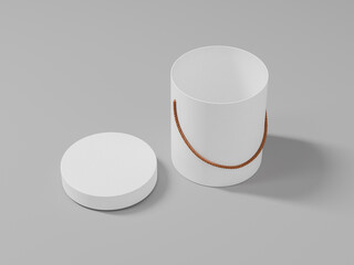 Top view of open lid hat box mockup, cylinder box with rope handle mockup, cylindrical shape container with ribbon hand grip mockup, empty design of round bucket storage, round basket storage mockup