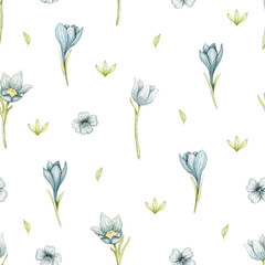 Seamless pattern with blue spring flowers, leaves and greens isolated on white background. Watercolor hand drawn illustration