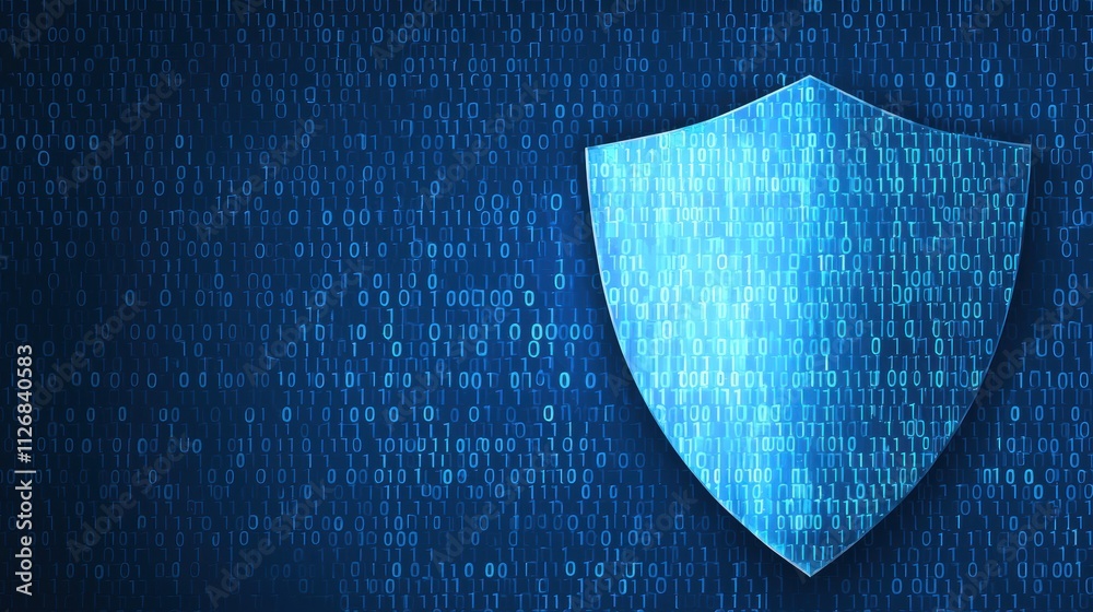 Poster abstract digital shield surrounded by binary code in a stormy background