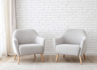 Elegant Modern Living Room with Cozy Grey Armchairs and White Brick Wall