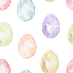 Seamless pattern with vintage Easter multicolored eggs isolated on white background. Watercolor hand drawn illustration