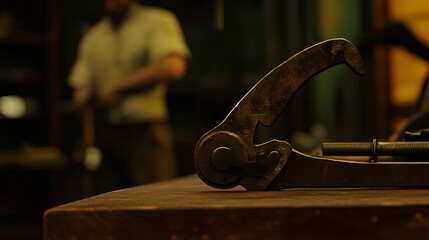 Close-up of a vintage metal clamp in a workshop with a blurred craftsman in the background, creating a focused atmosphere.
