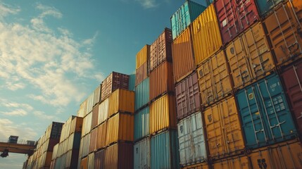 Shipping containers stacked high in a shipyard