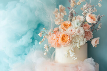 A gentle color smoke background with soft pastel shades of peach, light pink, and aqua creating a dreamy ambiance.