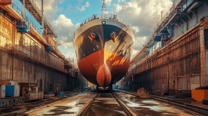 Shipyard industry ,Ship Building Big ship on floating dry dock in shipyard