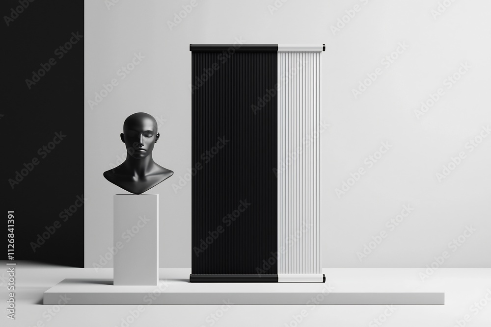 Poster sleek and sophisticated monochromatic roll up banner design with sharp geometric patterns and bold c
