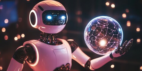 Fototapeta premium A robot illuminated by dynamic pendant lights, pointing at constellations while holding a glowing reflective sphere.
