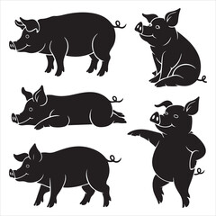 set of black various poses pig vector silhouette	