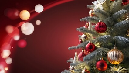 Fototapeta premium a Christmas tree adorned with shimmering ornaments and tinsel, set against a rich red gradient background with glowing bokeh lights